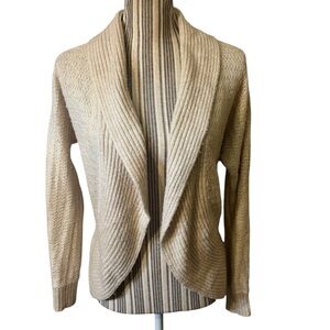White House Black Market Cardigan Small Cream Gold Open Front Shawl Collar WHBM